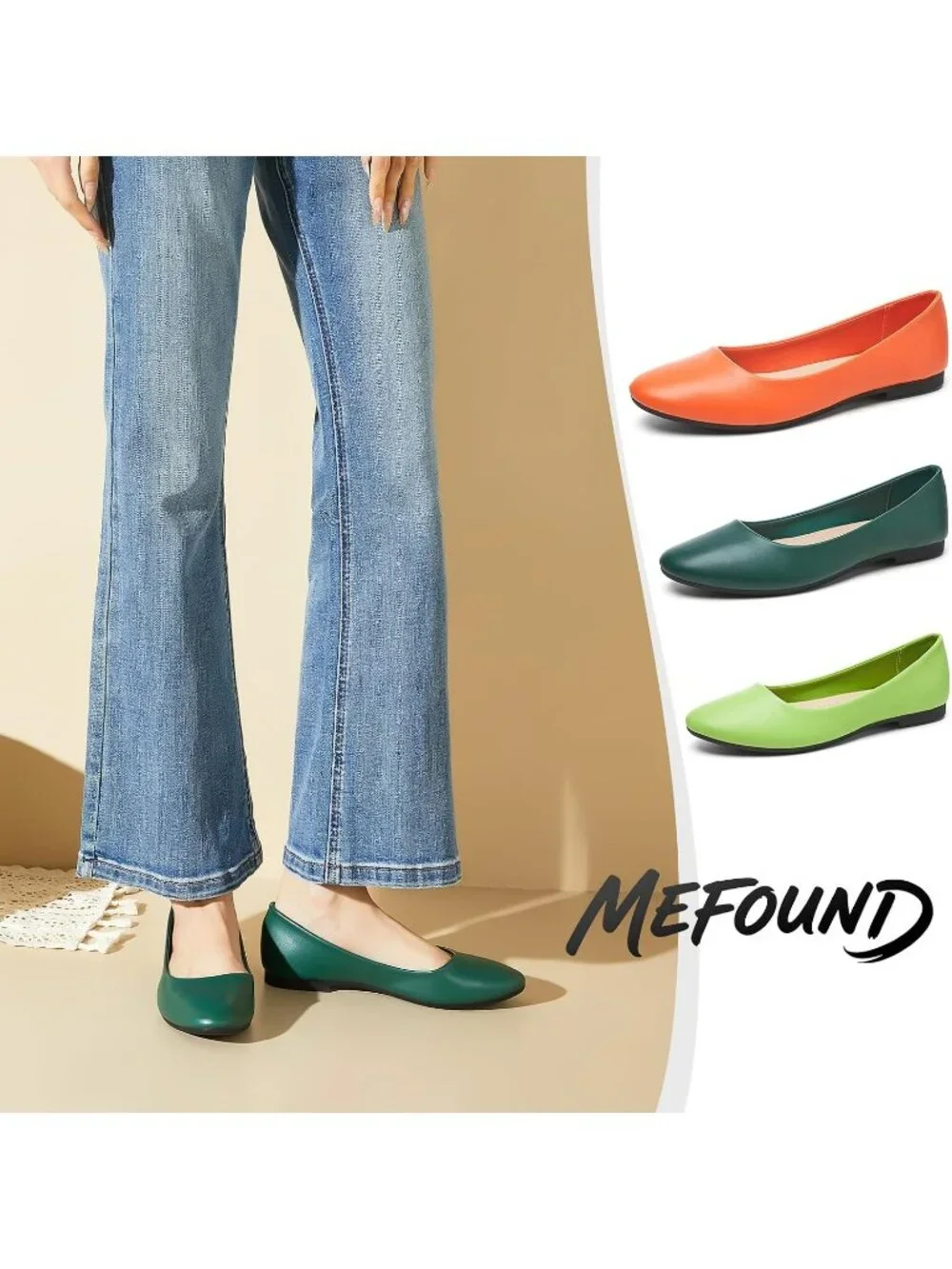 Women's Dark Green PU Leather Comfortable Ballet Flats Slip on Round Toe Shoes